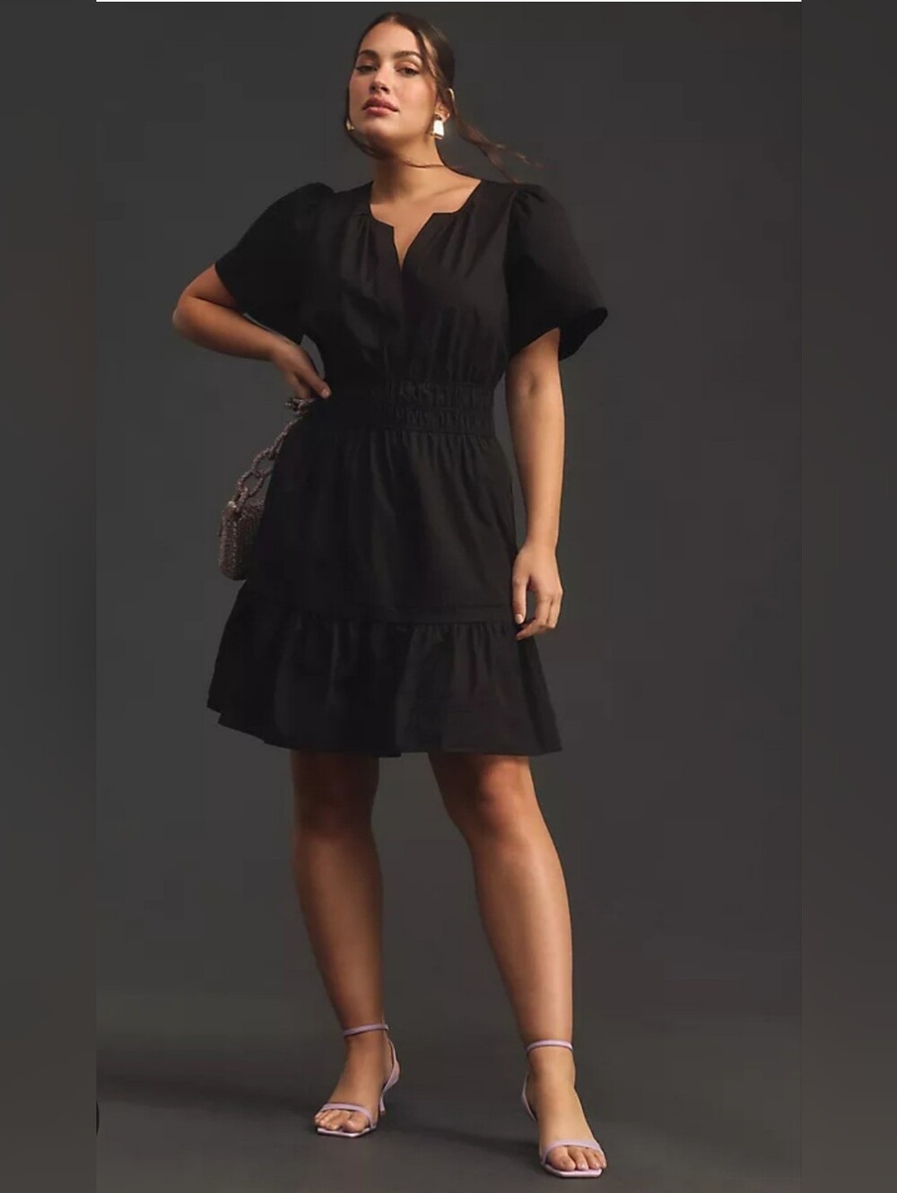 Anthropologie The Somerset Black Short Sleeve Smocked Waist Mini Dress Size 2X